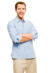 Businessman, relax and confident with portrait in studio for internship by creative company as designer. Male employee, happy and arms crossed on white background, isolated and professional for job.