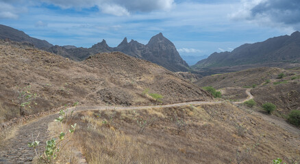 Scenic hiking route in the wild mountains of Cape Verde