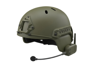 Isolated olive drab tactical helmet with mounted communication headset and antenna on display