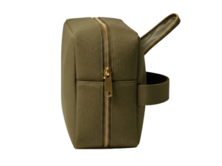 Isolated olive green zippered cosmetic bag or toiletry kit for travel or storage use