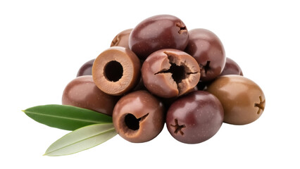Isolated pile of brown olives with green leaves ready for salads or cooking recipes