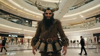 Menacing Krampus with horns and bells stands in a busy shopping mall during the holiday season, contrasting festive shoppers with a surreal, folklore inspired horror figure