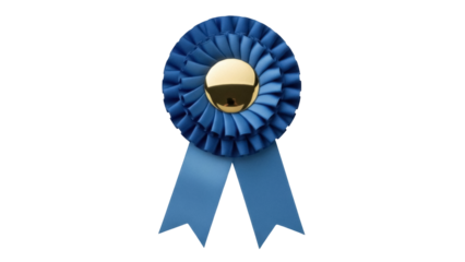 Isolated, blue rosette ribbon of a prize or award on no background for marketing materials