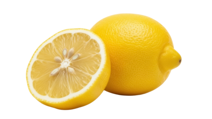 Isolated two lemons, one cut open, showing the segments, a bright citrus fruit close-up