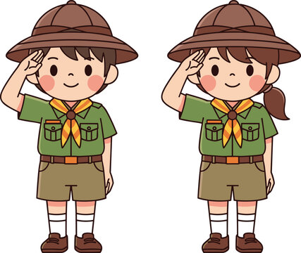 Cartoon scout kids icon set, cheerful children in uniform saluting with hats and neckerchiefs, cad drawing flat vector illustration