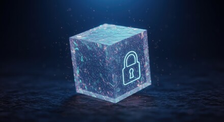 Abstract illustration of a glowing lock icon on a transparent cube security concept