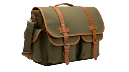 Isolated vintage style canvas satchel or camera bag with brown leather trim and straps