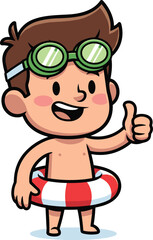 Cartoon swimmer boy icon set, cheerful child with goggles and inflatable ring, summer activity graphics, cad drawing flat vector illustration
