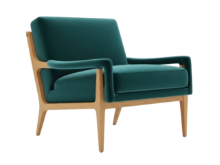 Isolated wooden frame armchair with emerald green seat and backrest on a neutral setting