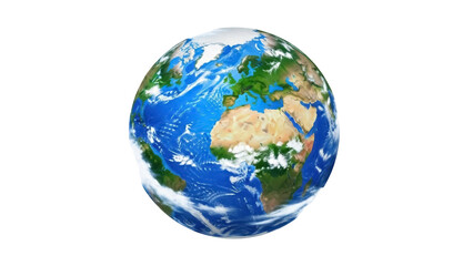 Isolated Earth globe illustration showcasing continents, oceans and cloud cover, day view