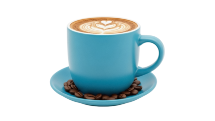 Isolated fresh latte art in a blue mug with saucer and coffee beans, delicious morning beverage