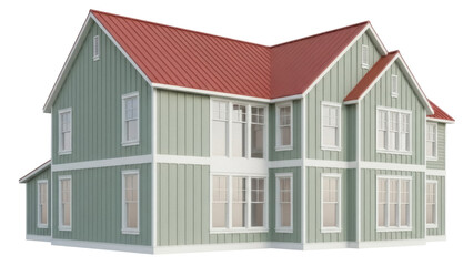 Isolated home showcases modern farmhouse design, complete with windows and red roof, outdoors