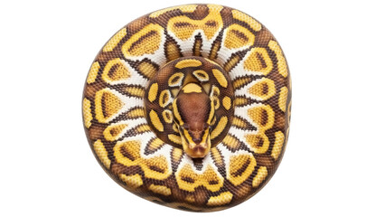 Isolated royal python with head facing forward, in a coil resting posture, scales pattern