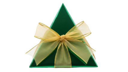 Isolated emerald-green tetrahedral gift box adorned with translucent ribbon bow and golden trim