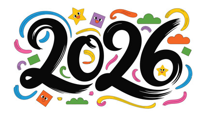 2026 Typography Design: Playful and vibrant typography design for the year 2026, celebrating the future with cheerful illustrations and a unique aesthetic. 