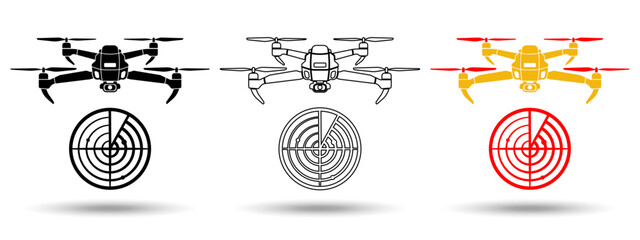 Drone radar icon. Drone radar icon on a white background, isolated. The icon has three uses in applications and websites. Vector illustration. Drone radar icon on a white background.