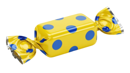 Isolated wrapped yellow candy with blue dots, a sweet treat for holidays and celebrations