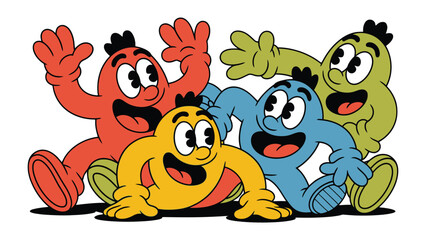 Cheerful Companions: A delightful group of colorful animated characters radiates joy and camaraderie, offering a visual symphony of happiness and togetherness.