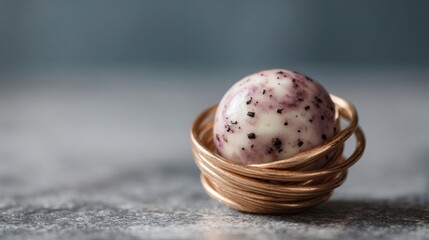 Close-up of a small, round object in a copper wire basket. the object appears to be a dessert or a dessert, with a pinkish-purple color and small black speckles scattered across its surface.