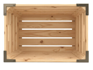 Isolated wooden box interior with corner reinforcements, crate for storage, container closeup
