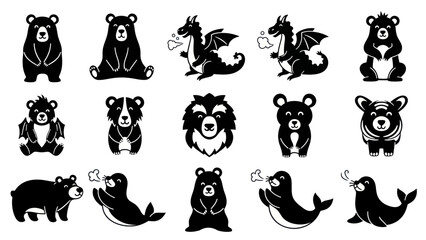 Black animal silhouettes collection dragon bear seal cartoon illustrations