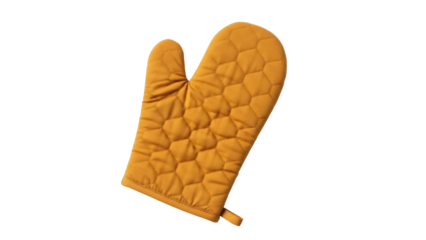 Isolated oven mitt in golden hue, designed for heat protection while cooking at home