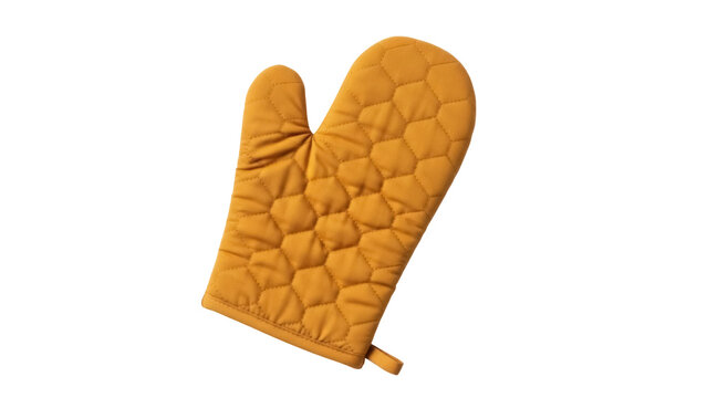 Isolated oven mitt in golden hue, designed for heat protection while cooking at home