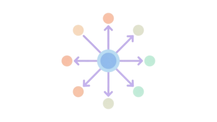 Isolated connection points with arrows radiating from central point, communication network, graph