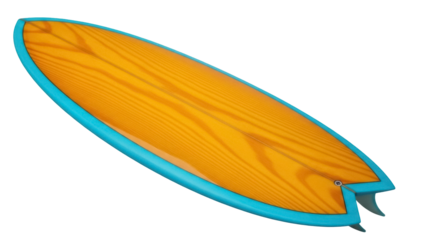 Isolated Wood Surfboard with Turquoise Outline, Watersports, Tropical Beach, Sport Recreation