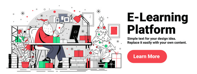 Santa Claus Christmas e-learning concept workspace festive gifts decorated tree modern office computer books holiday theme website banner