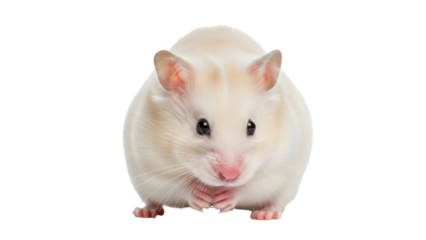 Isolated hamster with paws in front sitting up and looking at camera on neutral backdrop