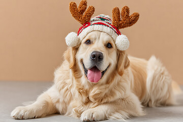 Golden retriever wearing a festive knitted reindeer hat with antlers and pom-poms, lying on the floor and smiling at the camera, conveying holiday cheer and warmth