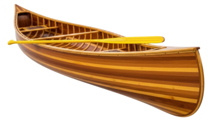 Isolated wooden canoe with yellow paddle, recreational watercraft for outdoor exploring
