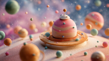 Whimsical planet-like objects floating in a dreamy, colorful, and soft-focus scene