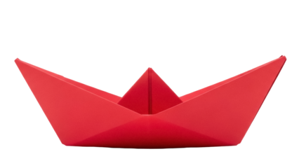 Isolated red origami paper boat, simple plaything, nautical toy, summer and travel theme