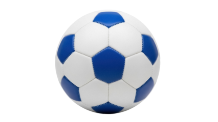 Isolated soccer ball with blue and white panels, ready for team play, practice or a game