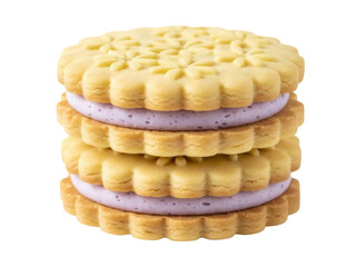 Isolated, stacked shortbread sandwich cookies filled with purple cream for a sweet snack