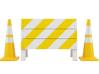 Isolated street construction barricade with orange cones, a safety caution for traffic flow
