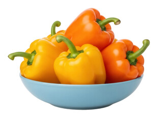 Isolated bell peppers in a blue bowl, orange and yellow sweet peppers, healthy food.