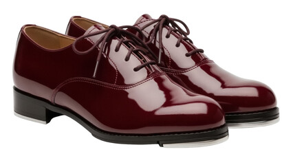 Isolated classic pair of shiny patent leather tap shoes, theater arts fashion accessory