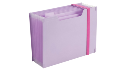 Isolated lavender expanding file folder with pink elastic band, office supplies, document holder