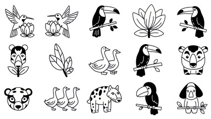 Obraz premium Black and white line art collection of birds animals flowers and leaves