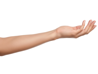 Isolated hand with arm reaching, extended palm for holding, receiving something or giving