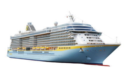 Isolated cruise ship with multiple decks for tourists going on vacation at sea, sunny day