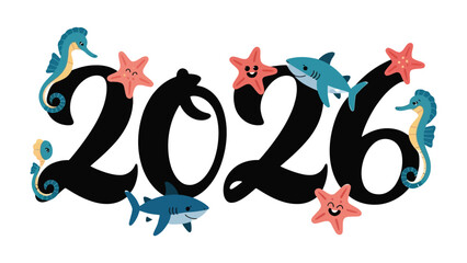 Marine Wonderland 2026: An illustration showcases the numbers 2026 playfully adorned with charming sea creatures, designed to capture the wonder of the ocean. © mstmahmuda