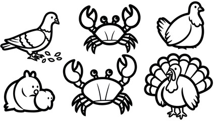 Black and white line art of birds and crustaceans on a white background