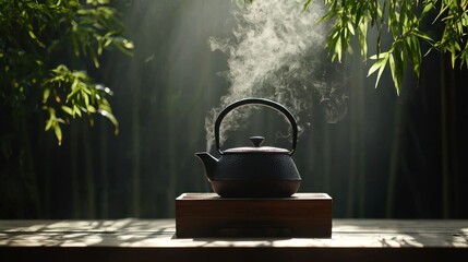 A steaming teapot sits on a wooden platform, backdropped by bamboo and sunlight. Soft mist rises amidst an outdoor setting