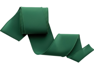 Isolated decorative green satin ribbon on flat surface, elegant holiday gift wrap decor