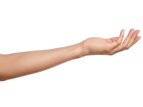 Isolated hand with arm reaching, extended palm for holding, receiving something or giving