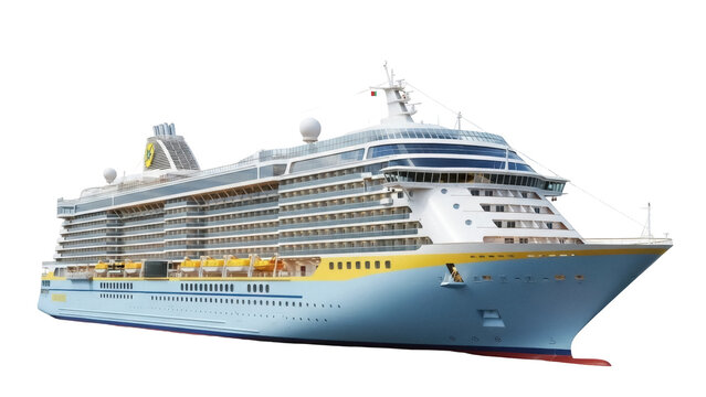 Isolated cruise ship with multiple decks for tourists going on vacation at sea, sunny day